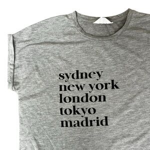 Women’s Large Gray Soft Pajama Shirt Cities listed on front Sleepwear